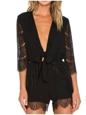 Black Lace-Trimmed Romper With 3/4 Sleeves & Tie Waist By Cotton Candy Size S